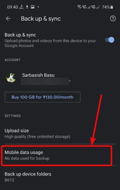 Mobile data usage under the Back up & sync menu of Google Photos