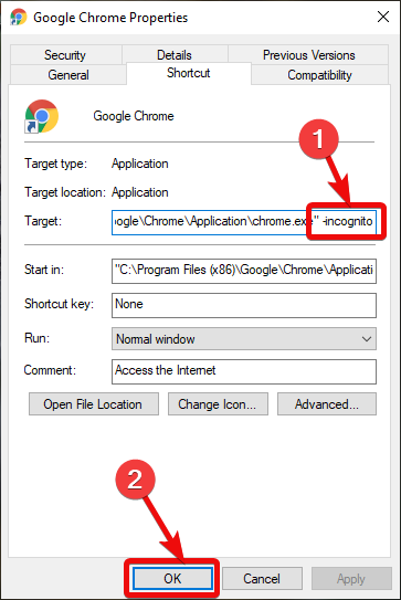 create Chrome Edge incognito target