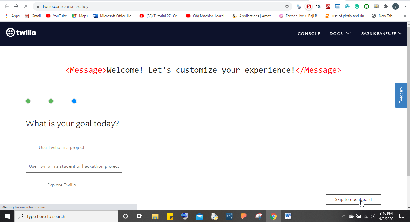 create twilio project to generate one time password
