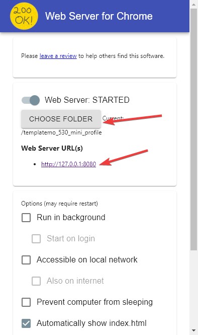 Select the folder you want to use on the Chrome web server
