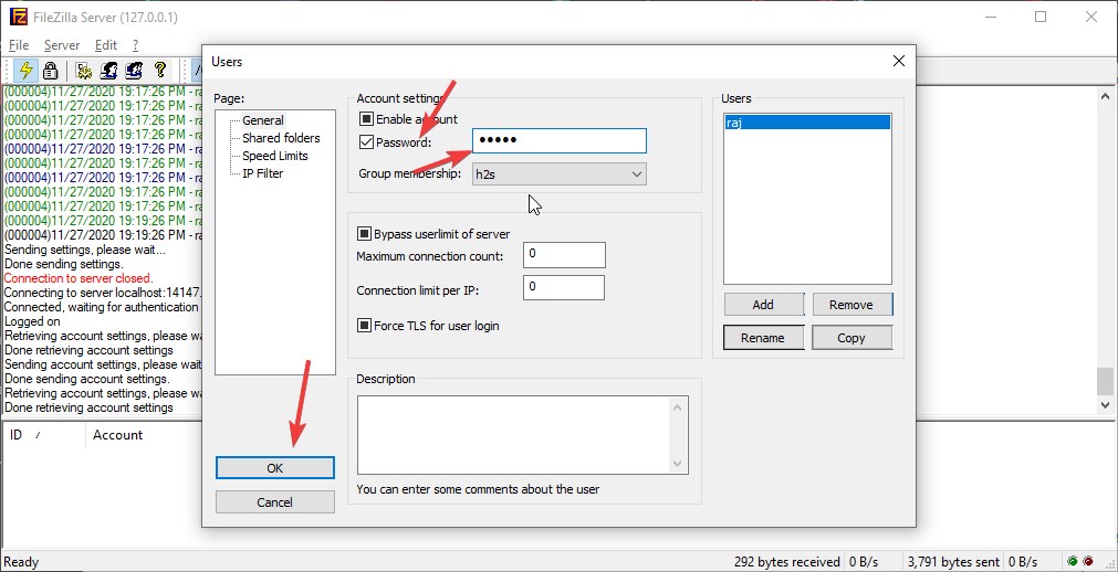 Set password for FTP users Filezilla