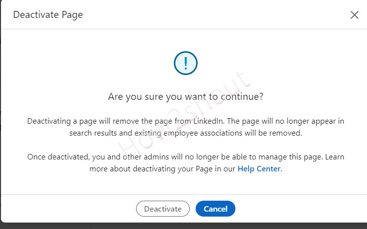 Confirm the deactivation of company page