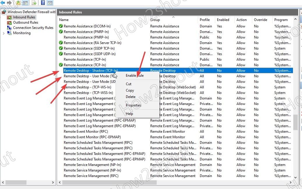 Remote Desktop services in window 10 firewall