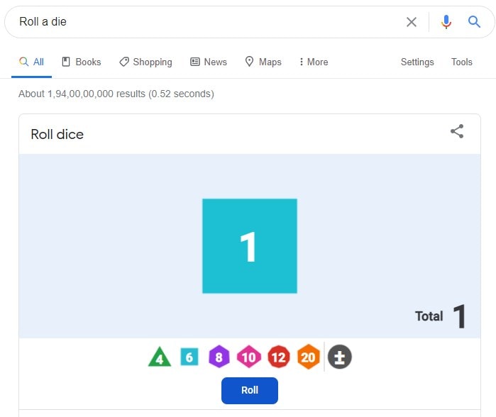Roll a die Google easter eggs game