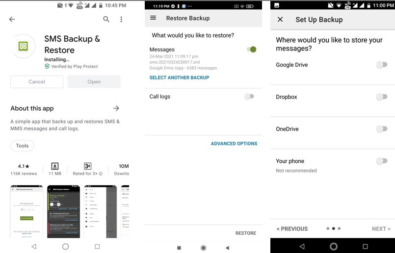 Backup and restore old smartphone text message to new android phone