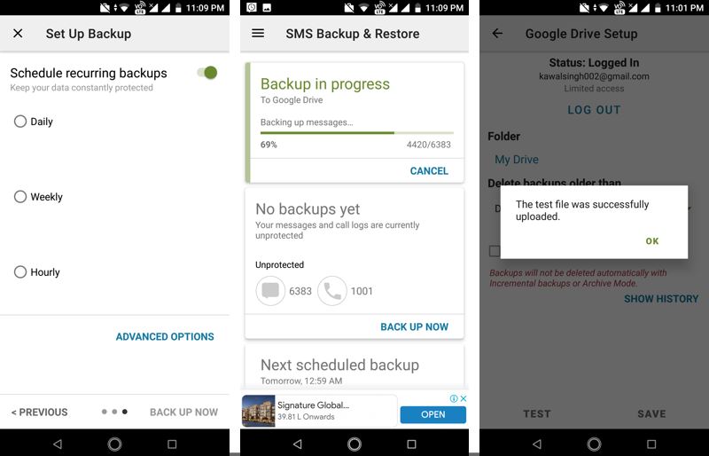 Set Android message backup to Google Drive