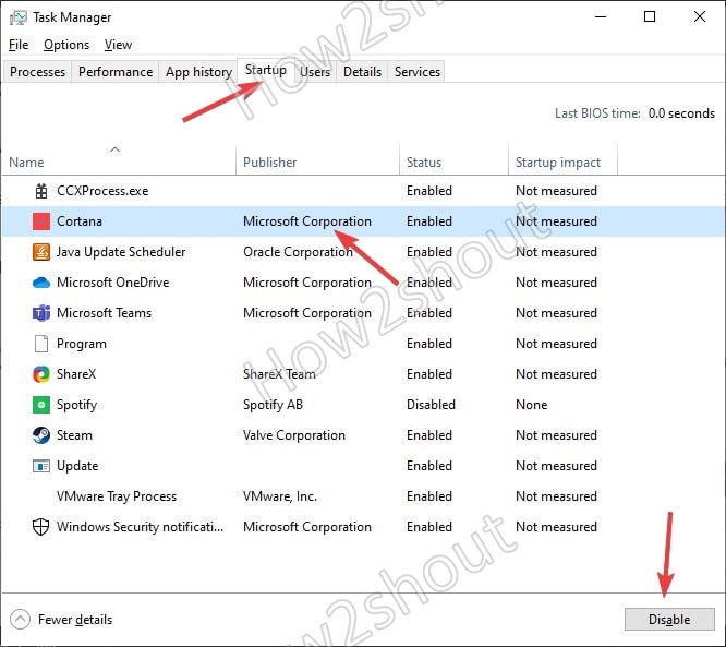Disable startup programs in Windows 10