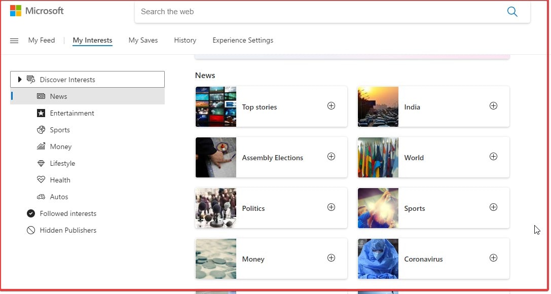 Manage MSN interests for News on Windows 10 taskbar