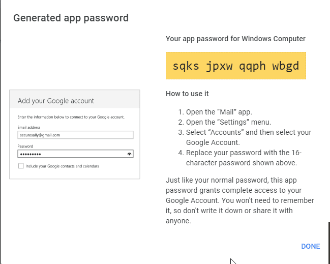 Generated App specific password for Windows pc