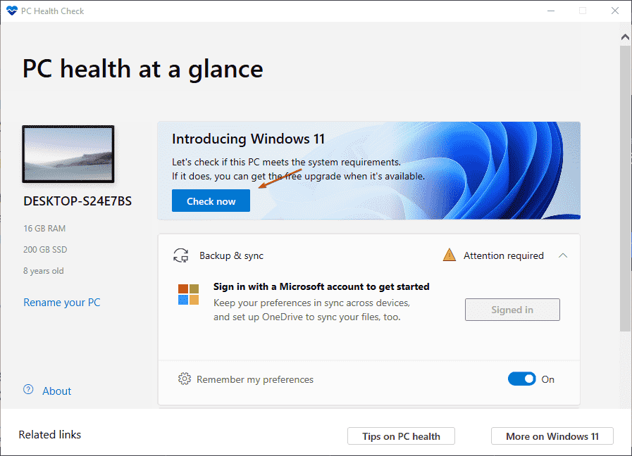 Windows 11 PC health check up tool download