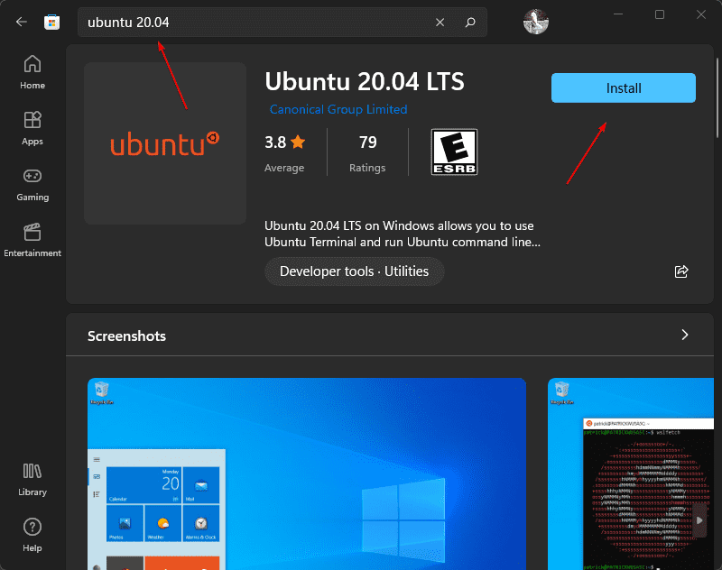 Download Ubuntu 20.04 LTS WSL App win 11