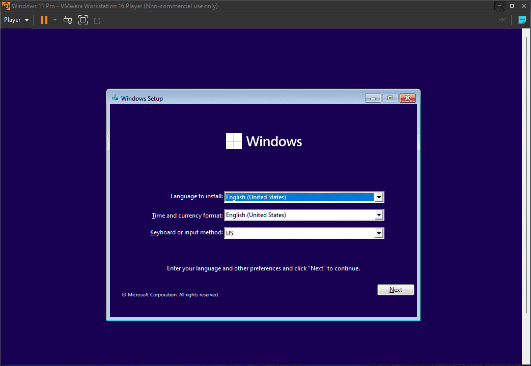 Start Windows 11 installation on Vmware player Virtual machine