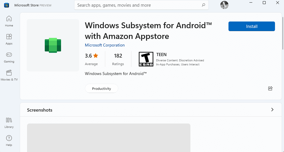 download Windows subsystem for Android