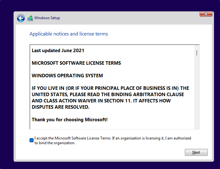 Accept terms and conditions of Microsoft