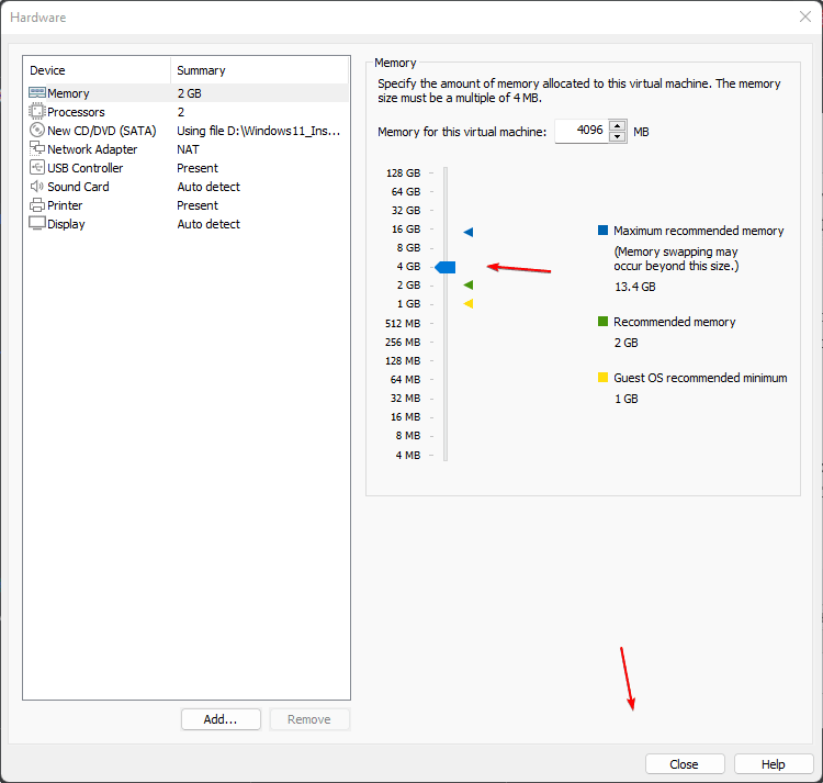 Increase RAM to 4GB for Win 11 VM