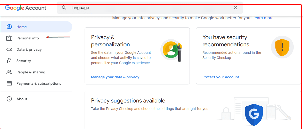 Open Personal info of Google Accounts