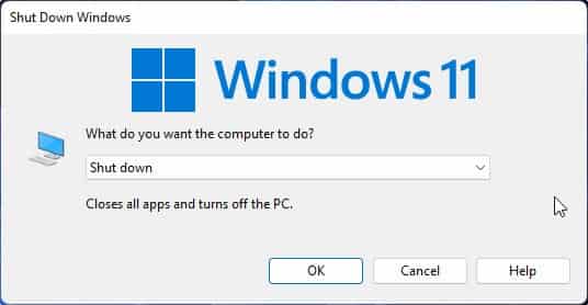 Using the AltF4 shortcut to shutdown Windows 11