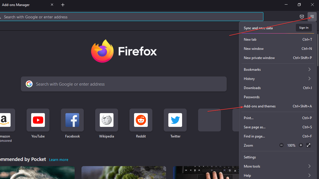 Open add ons on Mozilla Firefox