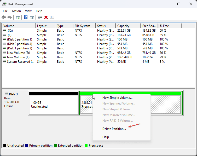 Disk Management delete partition Windows 11