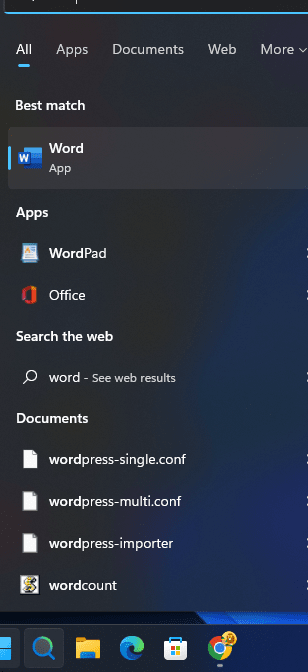 Launch Word in Windows 11 or 10