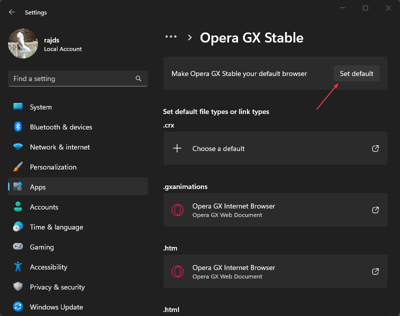 Make Opera GX stable your default browser app