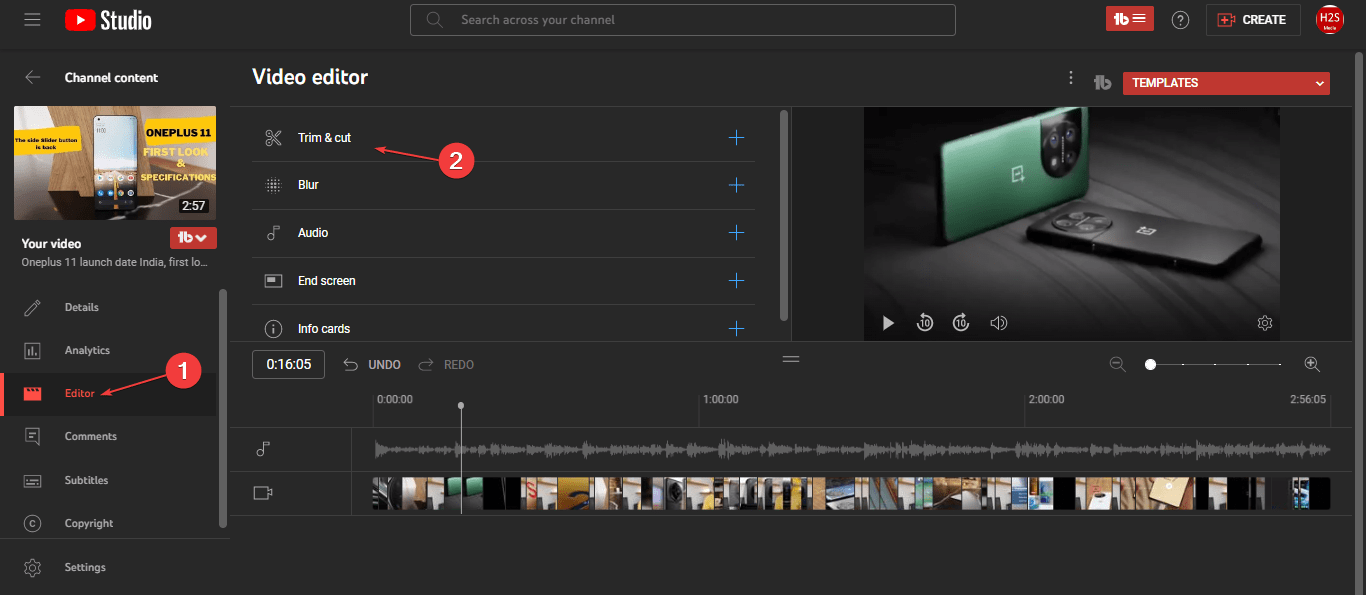 Youtube 工作室视频编辑器修剪选项