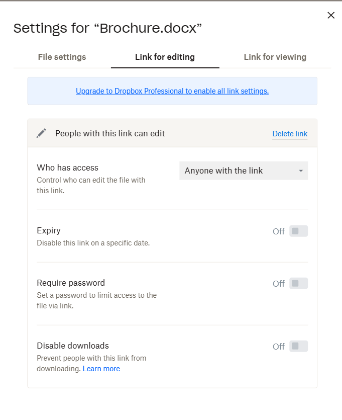 Settings for Link as per the requirements