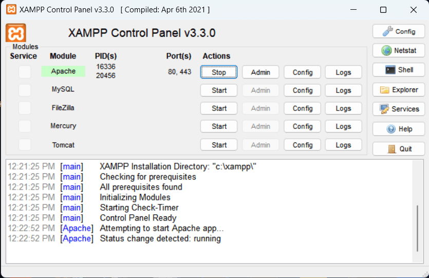 Le panneau de configuration XAMPP démarre APACHE