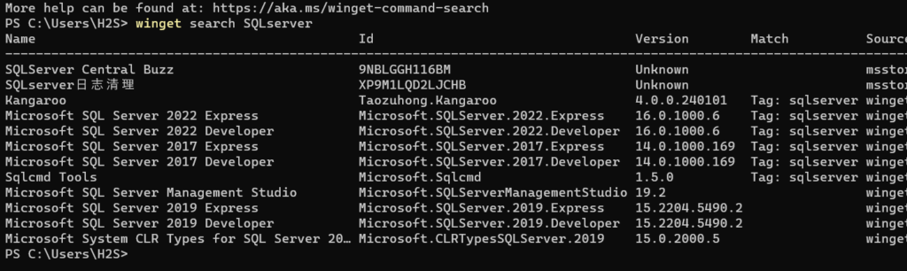使用winget搜索SQL Server Express