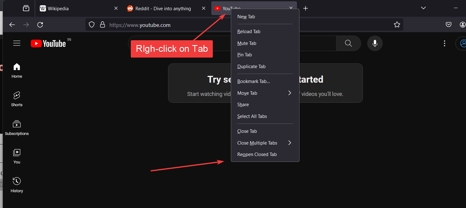 open recently closed FireFox tab using context menu